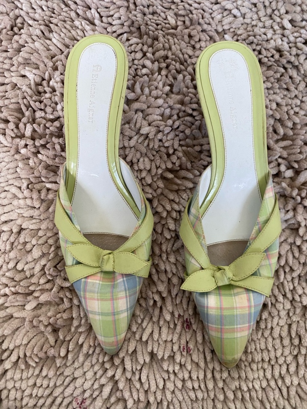 Etienne Aigner Pastel Plaid Pointed-Toe Mules with Lime Bow